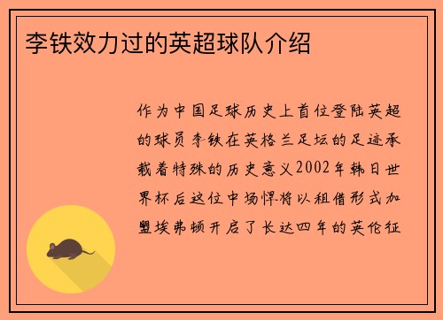 李铁效力过的英超球队介绍